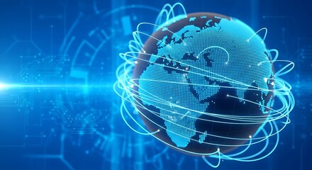 Obraz premium Global Network Futuristic Digital Earth Illuminated by Bright Blue Data Streams.