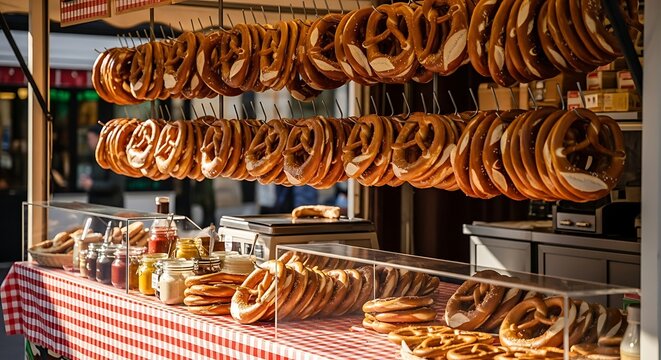 Golden Bavarian Pretzels Hanging in Rows at a Sunny Outdoor Market Stall.