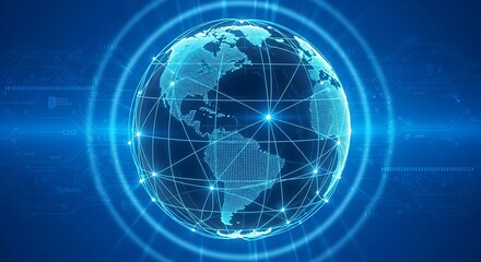 Luminous Digital Globe with Interconnected Network Grid on a Blue Circuit Background.