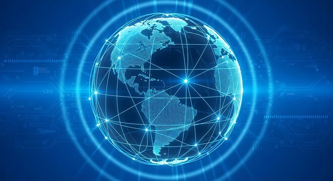 Luminous Digital Globe with Interconnected Network Grid on a Blue Circuit Background.