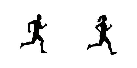 Man and Woman Silhouettes Running. Dynamic motion, transparent background. Fitness, sport, health, energy concept. For athletic branding, sports apps, health promotions