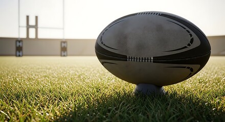 Rugby Ball on Tee Sunrise on Empty Pitch Ready for the Game.