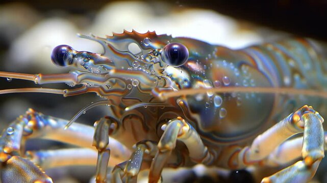Vibrant Blue-Eyed Crayfish Close-Up: Detailed Macro Shot of a Freshwater Crustacean's Exoskeleton and Antennas in an Underwater Environment