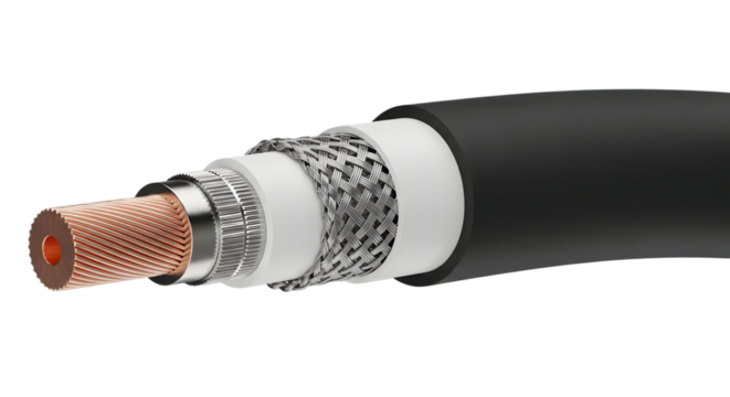 Close-Up of Coaxial Cable Cross Section Showing Copper Core, Insulation Layers, Braided Shield, and Protective Outer Jacket for Electrical and Data Transmission