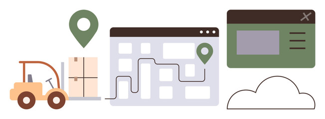 Forklift moves boxes to warehouse. Map with route and location pins depicts delivery tracking. Interface and cloud storage suggest online operations. Ideal for logistics, supply chain, e-commerce