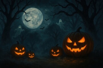 Enchanted Halloween forest with glowing jack-o'-lanterns and mystical atmospheric fog