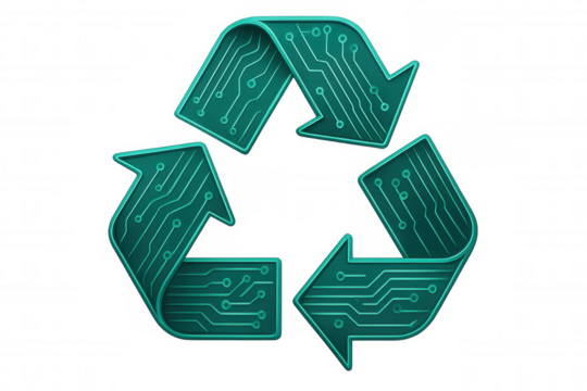 Electronic circuit board forming recycling icon, symbolizing sustainable tech waste management against clean white backdrop