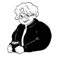 A smiling elderly woman holding a mug in her hands.