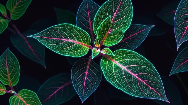 Vibrant neon-colored leaves showcasing intricate vein patterns against a dark backdrop