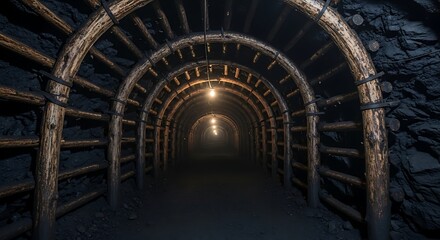 Fototapeta premium Mysterious and dimly lit tunnel in a coal mine with wooden support structure