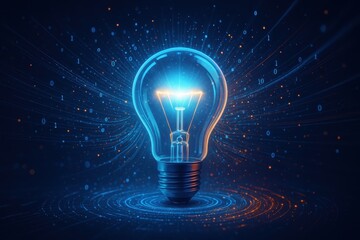Innovation concept with glowing LED lightbulb surrounded by swirling digital particles and energy