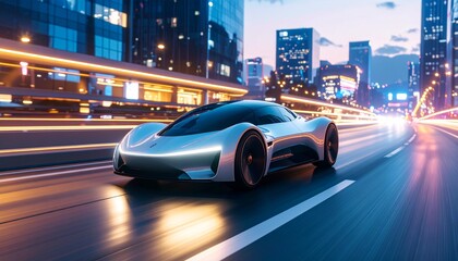 Fototapeta premium Futuristic Hovercar Racing through Cityscape