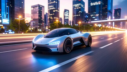 Fototapeta premium Futuristic Hovercar Racing through Cityscape