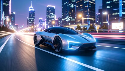 Fototapeta premium Futuristic Hovercar Racing through Cityscape