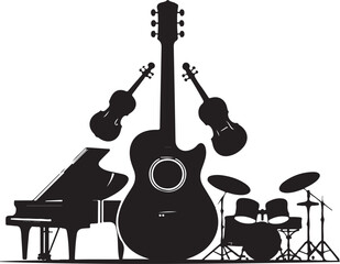 Naklejka premium Musical Instruments Orchestra Silhouette Featuring Guitar Violin Piano and Drums Design Element for Concerts Events and Music Education Graphic Projects and Promotional Materials