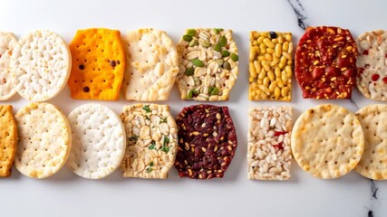 Assorted Crispy Cracker Variety on White Marble Featuring Colorful Toppings such as Seeds Vegetables and Grains Ideal as Healthy Eating Choices - Powered by Adobe