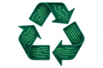 Green recycling symbol with electronic circuit board pattern promoting e-waste recycling and environmental sustainability