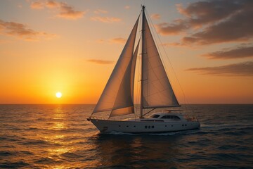 Fototapeta premium Luxury sailing yacht cutting through azure waters during spectacular golden hour ocean voyage