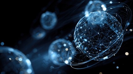 Abstract blue and white spheres interconnected in harmony, symbolizing unity and infinite connections in the cosmos.