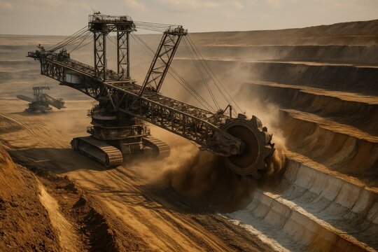 Massive strip mining operation with heavy excavation equipment removing earth layers