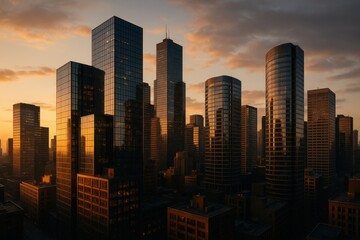 Fototapeta premium Metropolitan skyline panorama with illuminated skyscrapers and urban architecture during golden hour twilight