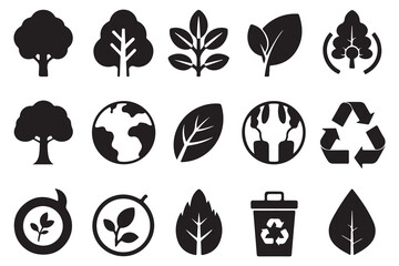 Environment silhouette icon collection of tree leaf globe recycle and eco sign isolated on white background
