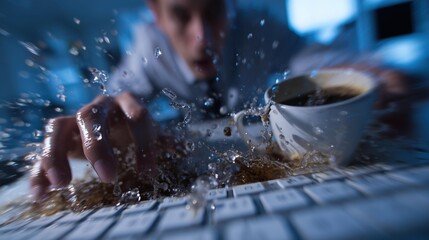 Office Coffee Disaster: Mug Topples, Sending Coffee Splashing Over Keyboard. Macro close up with upset man out of focus in the background.