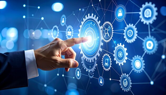 A businessman's hand activating a digital network of gears, symbolizing business automation.
