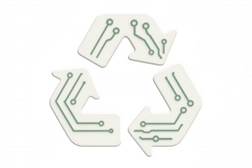 Recycling symbol with electronic circuit lines on transparent background promoting electronic waste recycling and circular economy
