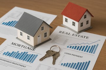 Real estate investment concept with luxury home model and financial planning elements