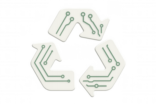 Recycling symbol with electronic circuit lines on transparent background promoting electronic waste recycling and circular economy