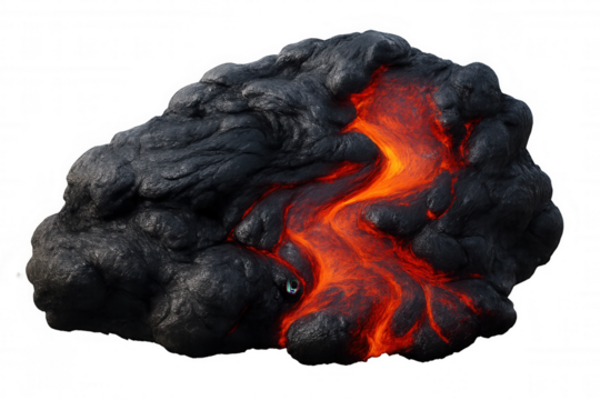 Glowing lava flowing down volcanic rock against a transparent background, creating a dramatic and fiery scene