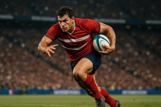 Professional rugby athlete demonstrating powerful running technique during championship tournament action
