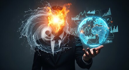Businessman with fiery head and swirling water, holding glowing Earth with financial data overlays.