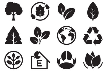 Environment silhouette icon collection of tree leaf globe recycle and eco sign isolated on white background
