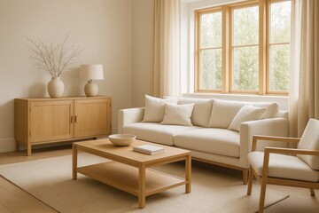 Obraz premium Scandinavian minimalist interior design featuring natural oak furniture and warm neutral color palette