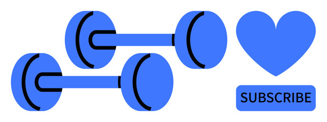 Blue dumbbells, a heart icon, and a subscribe button. Ideal for fitness, gym motivation, well-being, training, lifestyle, online subscriptions simple landing page