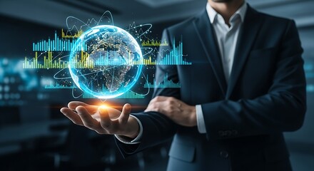 Confident businessman holding glowing digital globe with financial data charts, symbolizing global success