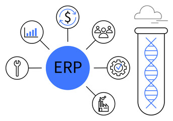 ERP at core with finance, analytics, teamwork, tools, process icons branching out, DNA and test tube for innovation concept. Ideal for business, technology, collaboration innovation efficiency
