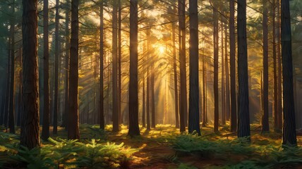 Fototapeta premium Sunlight streaming through tall trees in a dense forest with green foliage on the forest floor