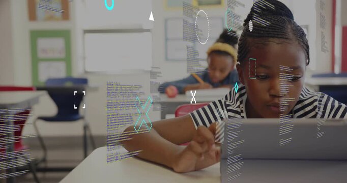 front female student tapping tablet causing floating code symbols in coding class while peer noting