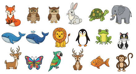 Fototapeta premium A colorful collection of various cute cartoon animal illustrations, including a fox, owl, rabbit, turtle, elephant, lion, and penguin, isolated on a white background.