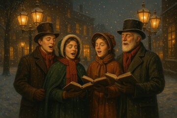 Obraz premium Traditional Christmas carolers in vintage winter coats singing beneath glowing historic street lanterns