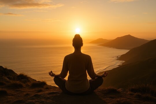 Sunrise meditation scene with person silhouetted against golden sky representing hope and renewal