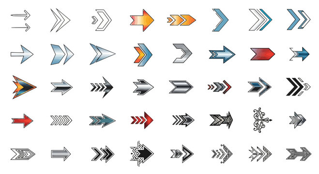 A diverse collection of stylized arrow icons pointing right, featuring various designs, colors, and effects on a white background.