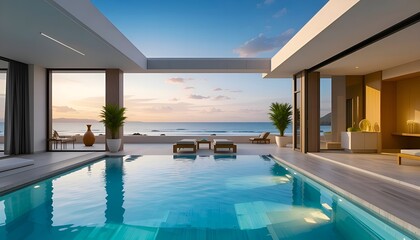 Fototapeta premium Luxury oceanfront villa with infinity pool at sunset