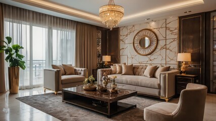 Elegant living room with beige furniture chandelier marble wall and large window with curtains inside
