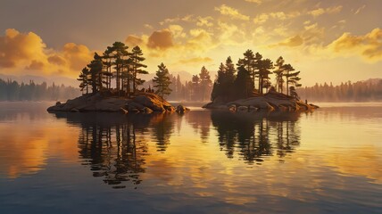 Fototapeta premium Islands with trees reflected in a calm lake at sunset with a golden glow on the water surface