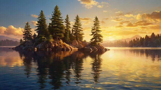 A scenic view of a small island with pine trees in a lake at sunset with mountains in background - Powered by Adobe
