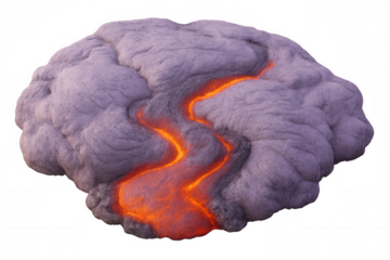 Volcanic lava streaming over rocky terrain, glowing bright orange and destroying surrounding landscape with intense heat and power